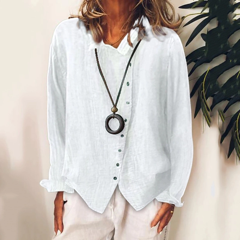 Women′s Oversized Breathable Loose Solid Cotton Linen Shirt Tops Blouse