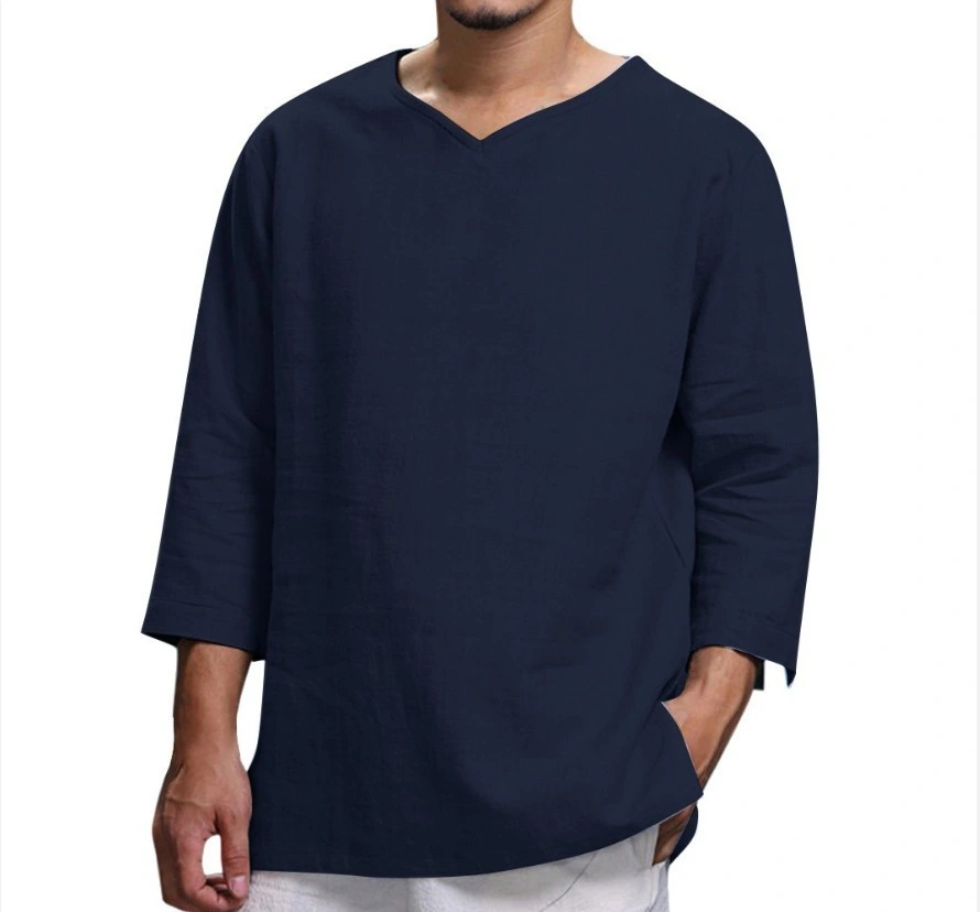 Men′s Plus Size T-Shirt Long-Sleeve V-Neck Cotton and Linen Loose T Shirt Fashion Tops Shirts for Men Summer Clothing