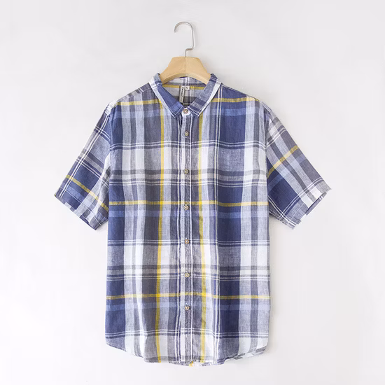 Оптовые мужские клетчатые льняные хлопчатобумажные рубашки Slim Fit на весну и осень, мужские повседневные фирменные рубашки с короткими рукавами